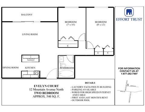 Floor plan for 2 beds, 1 bath, 950 sqft